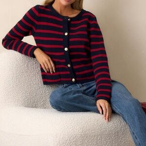 Becool Cotton Cardigan Striped Navy Red Knit Sweater Cardi Preppy Chic 8-12